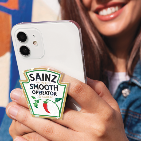 Mockup-Custom Shape Acrylic Phone Grip (2) Carlos Sainz Heinz Chilli F1 Phone Grip