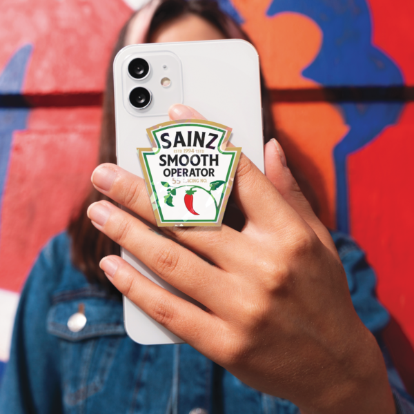 Mockup-Custom Shape Acrylic Phone Grip Carlos Sainz Heinz Chilli F1 Phone Grip