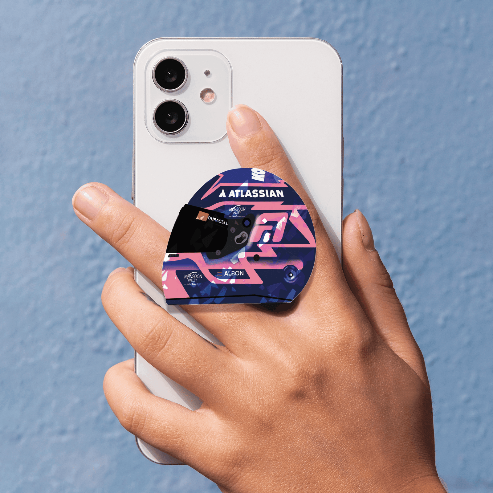 alex helmet 4' Alex Albon helmet-shaped phone grip inspired by Formula 1 design – stylish and functional accessory for smartphones