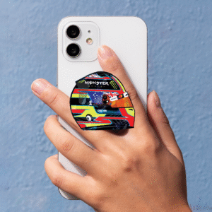 Oscar Piastri helmet-shaped phone grip for smartphones, McLaren Formula 1 inspired accessory in a sleek and functional design.