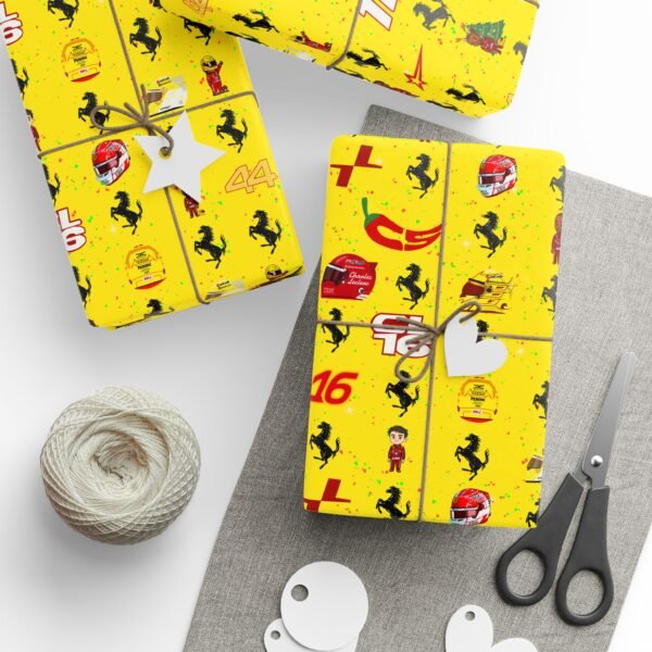 Context 1 Free Ferrari F1 gift wrap design featuring Charles Leclerc and Lewis Hamilton