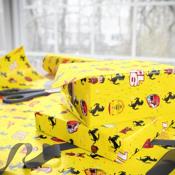 Context 4 Free Ferrari F1 gift wrap design featuring Charles Leclerc and Lewis Hamilton