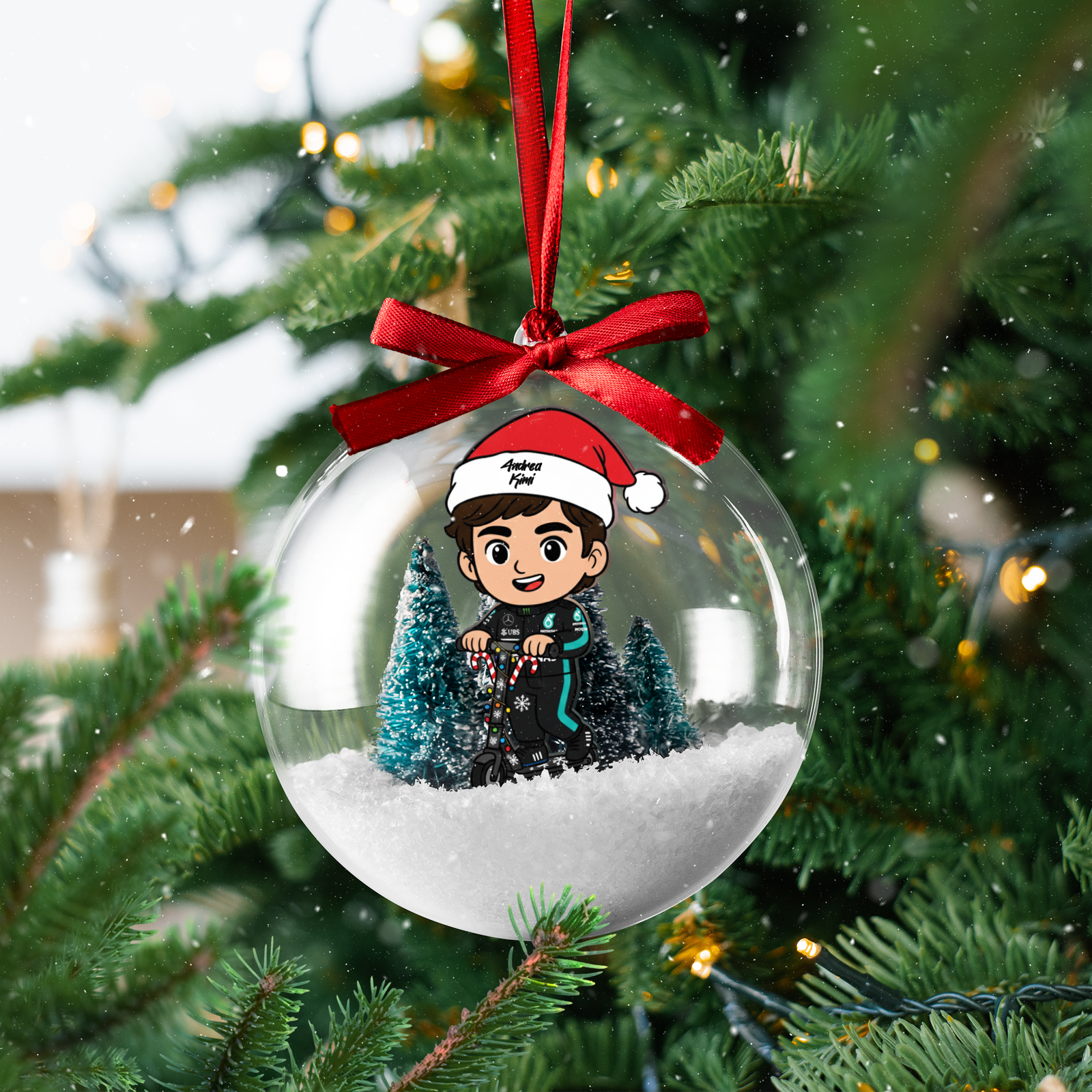 Mockup Clear Plastic Christmas Bauble Kimi Antonelli F1 christmas bauble ornament