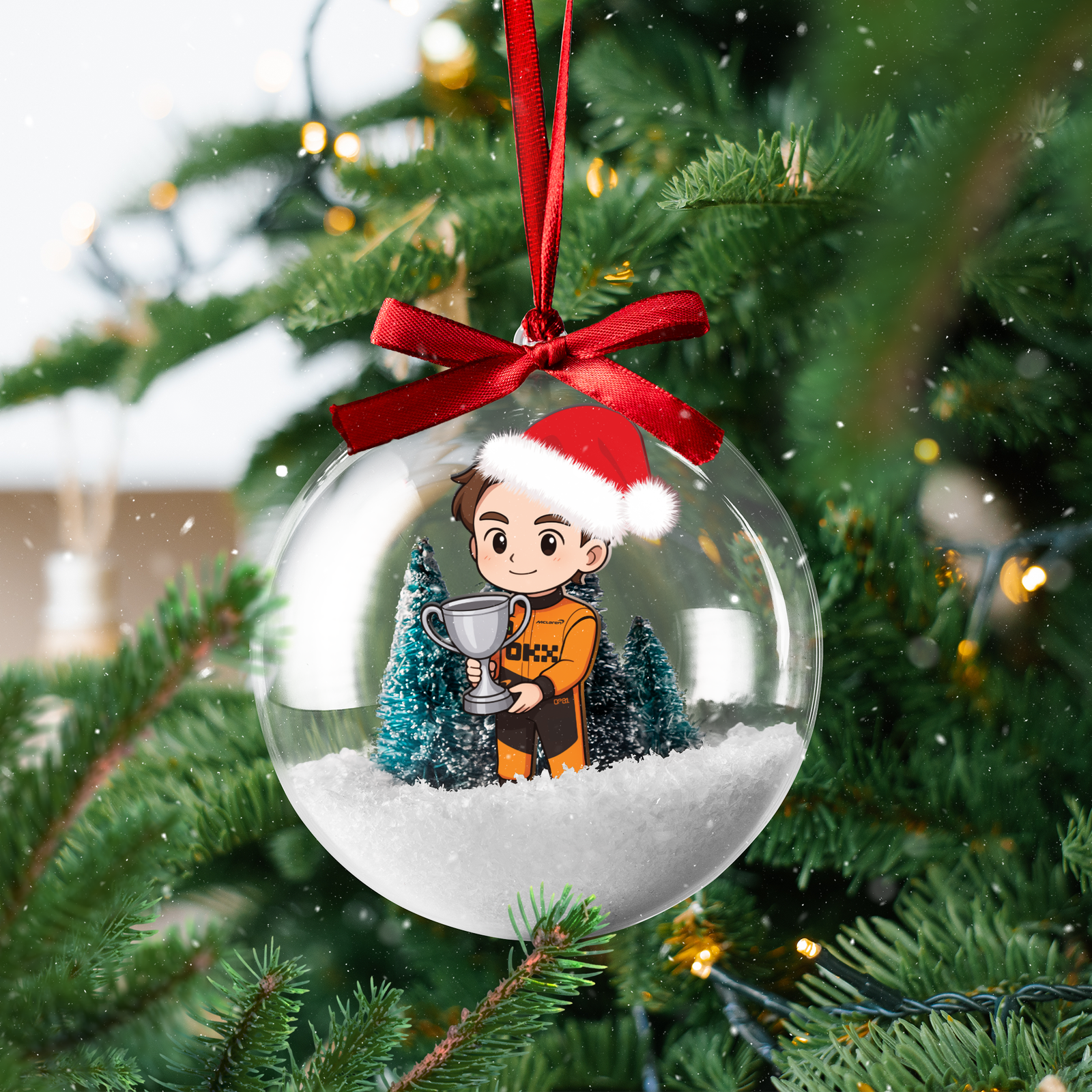 Mockup Clear Plastic Christmas Bauble Oscar Piastri F1 Christmas Bauble Ornament | McLaren Fan Gift