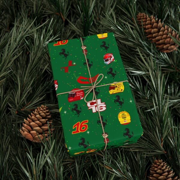 f12 Free Ferrari F1 gift wrap design featuring Charles Leclerc and Lewis Hamilton