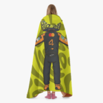 Person wearing neon yellow wearable blanket that looks like a small Lando walking.