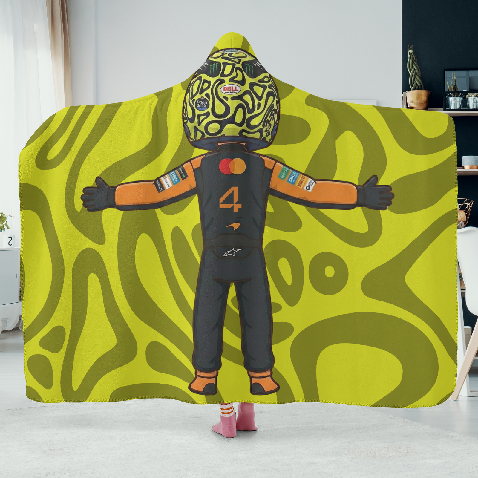 ddb84ef0b04847db8bd70959ae03a418 F1 Hoodie Blanket back view showing mini Norris racing suit illustration