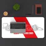Minimalist white and red SF-26 blueprint desk mat with no branding or sponsor stickers