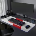Minimalist white and red SF-26 blueprint desk mat with no branding or sponsor stickers