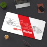 Minimalist white and red SF-26 blueprint desk mat with no branding or sponsor stickers