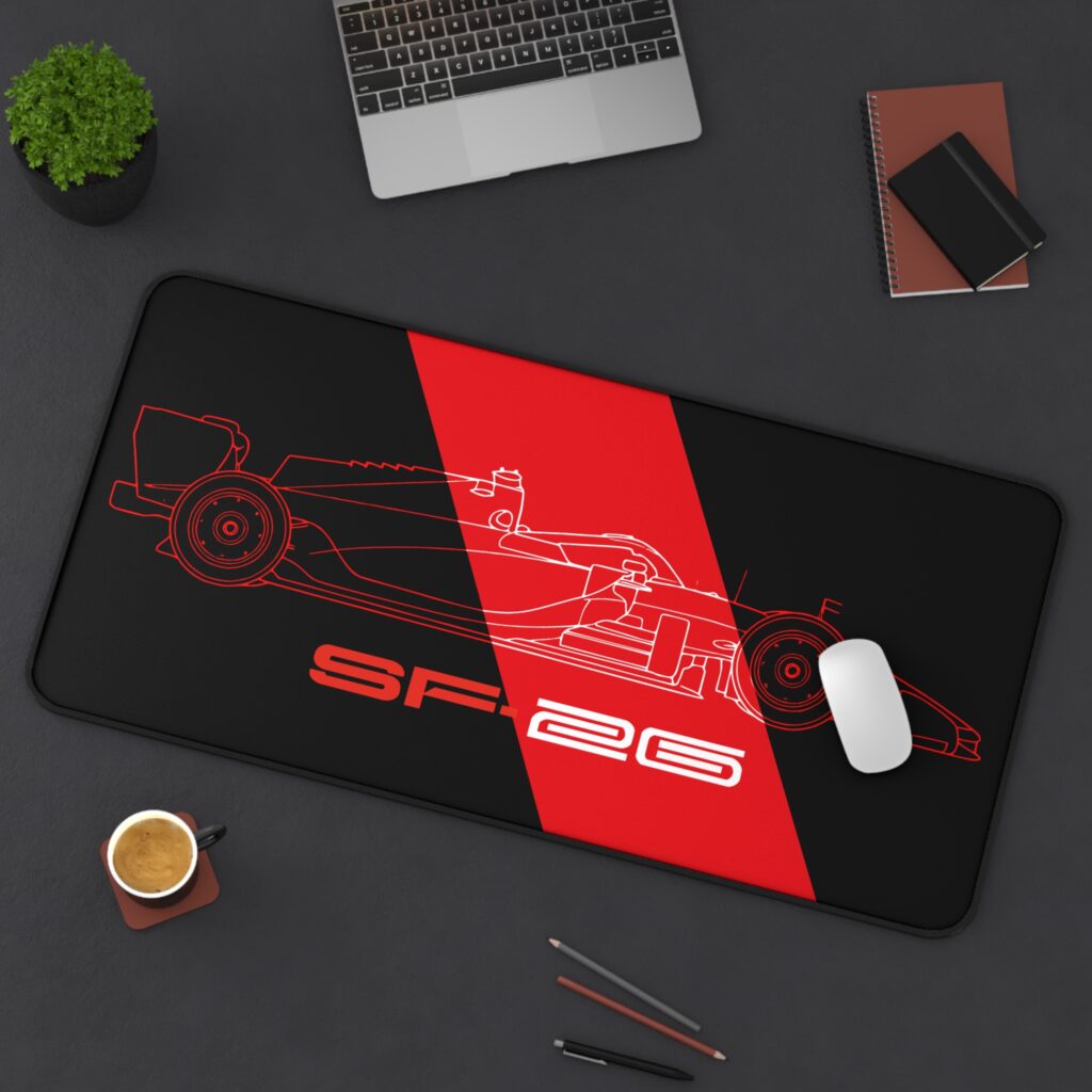 Minimalist black and red SF-26 blueprint desk mat