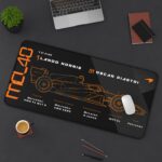 Black MCL40 technical spec desk mat with Lando Norris and Oscar Piastri details and papaya orange blueprint