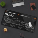 Minimalist black and white MCL40 monochrome technical desk mat featuring Lando Norris and Oscar Piastri schematics
