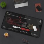 Black SF-26 technical spec desk mat with red and yellow gradient line art featuring Hamilton Leclerc and 1600 cc V6 engine data