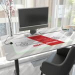 Minimalist white and red SF-26 blueprint desk mat with no branding or sponsor stickers