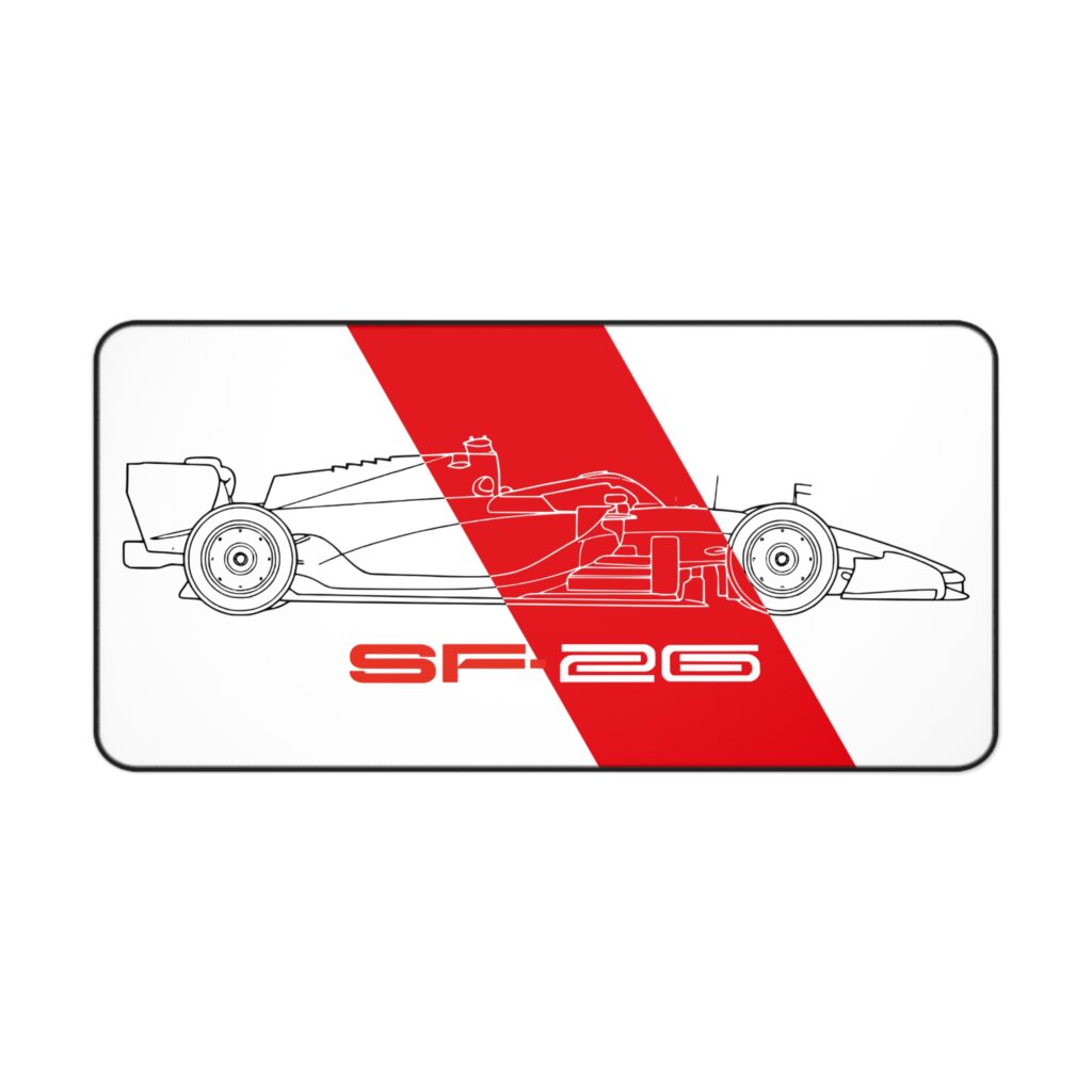 Minimalist white and red SF-26 blueprint desk mat with no branding or sponsor stickers