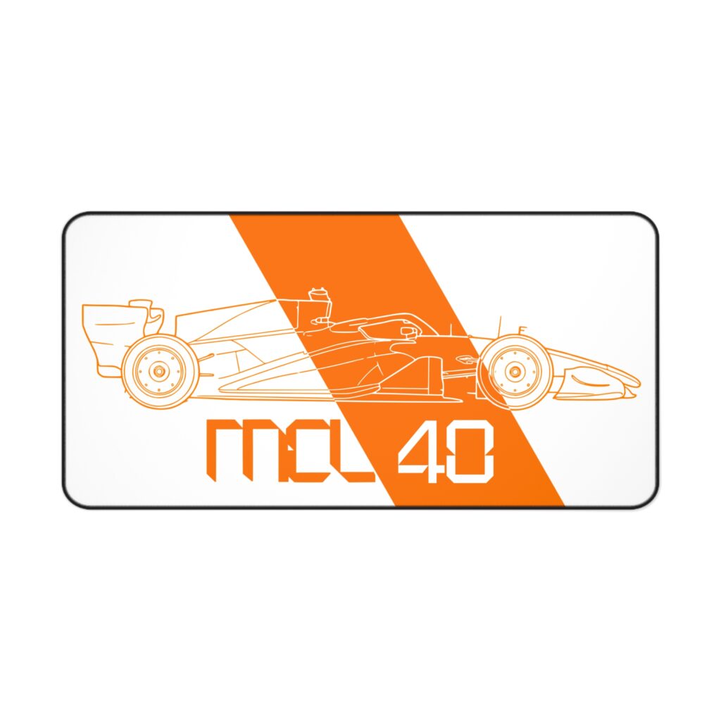 Minimalist MCL40 2026 F1 car blueprint desk mat in white and papaya orange