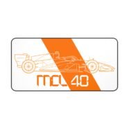 Minimalist MCL40 2026 F1 car blueprint desk mat in white and papaya orange