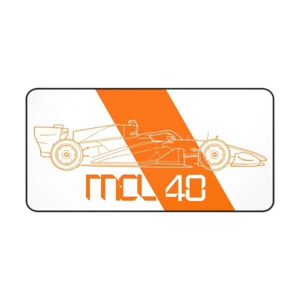 Minimalist MCL40 2026 F1 car blueprint desk mat in white and papaya orange