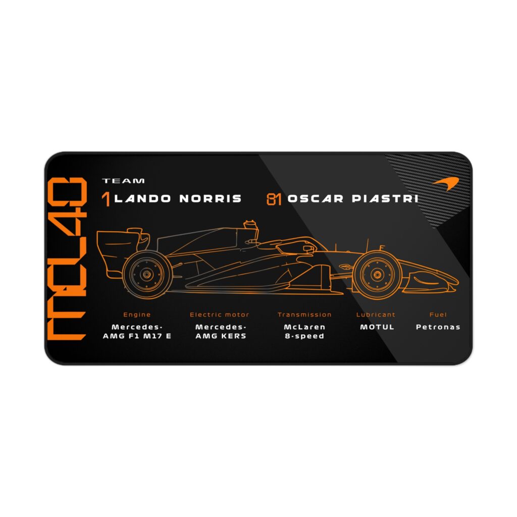 Black MCL40 technical spec desk mat with Lando Norris and Oscar Piastri details and papaya orange blueprint