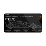 Minimalist black and white MCL40 monochrome technical desk mat featuring Lando Norris and Oscar Piastri schematics