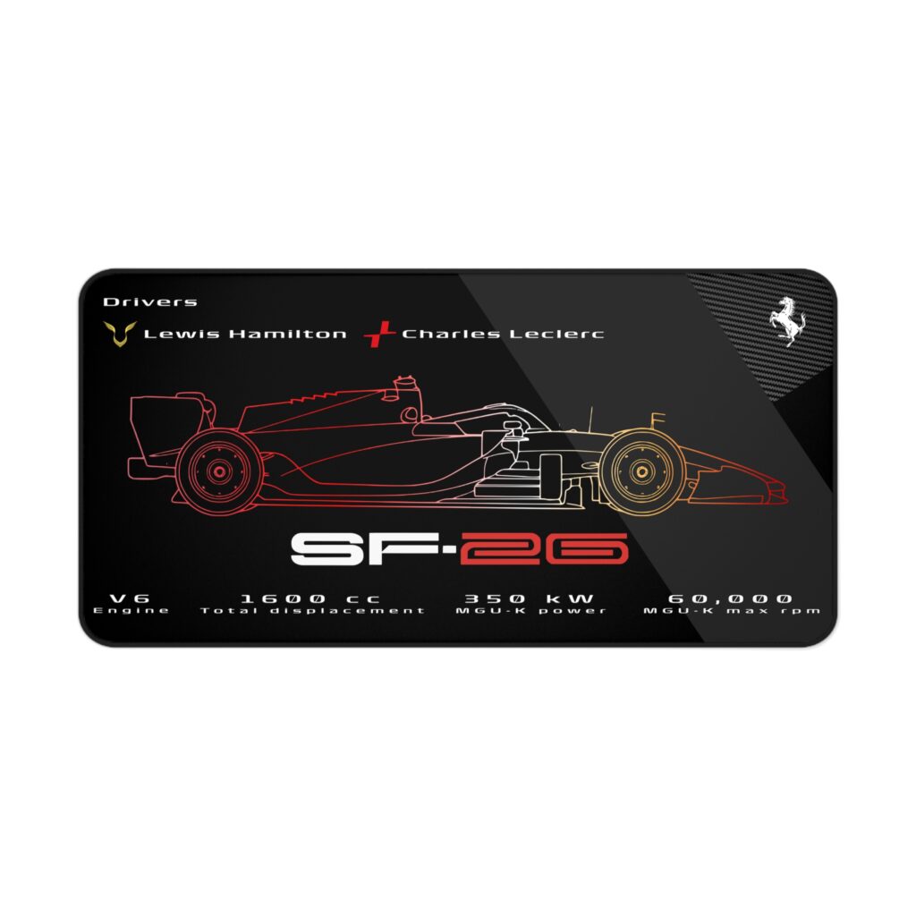 Black SF-26 technical spec desk mat with red and yellow gradient line art featuring Hamilton Leclerc and 1600 cc V6 engine data