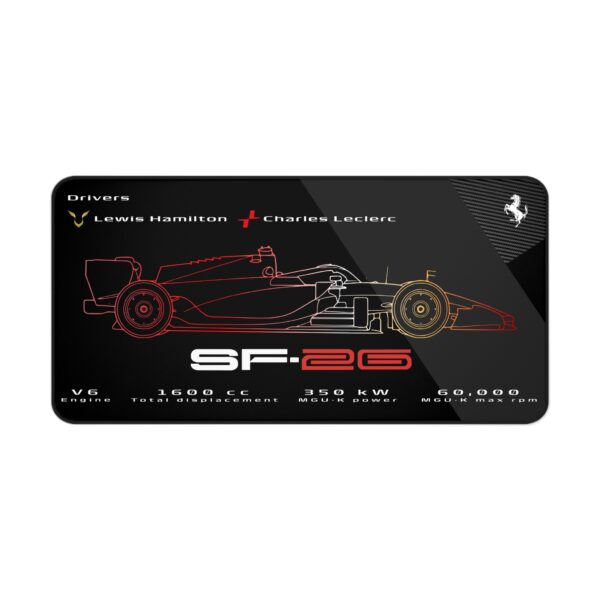 Black SF-26 technical spec desk mat with red and yellow gradient line art featuring Hamilton Leclerc and 1600 cc V6 engine data