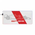 Minimalist white and red SF-26 blueprint desk mat with no branding or sponsor stickers