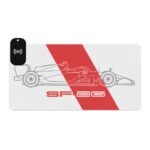Minimalist white and red SF-26 blueprint desk mat with no branding or sponsor stickers