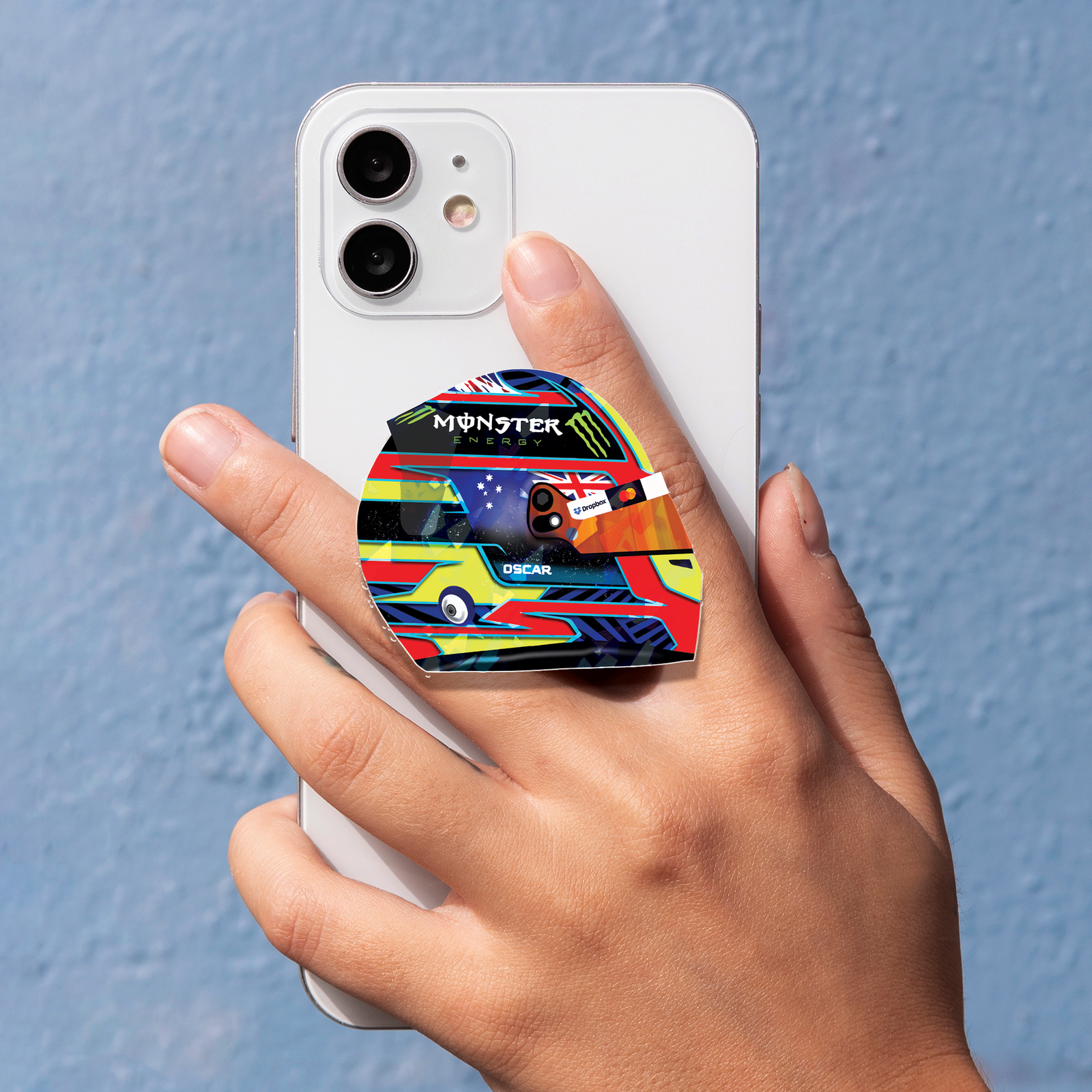 Mockup-Custom Shape Acrylic Phone Grip-Recovered Oscar Piastri f1 2026 helmet phone grip