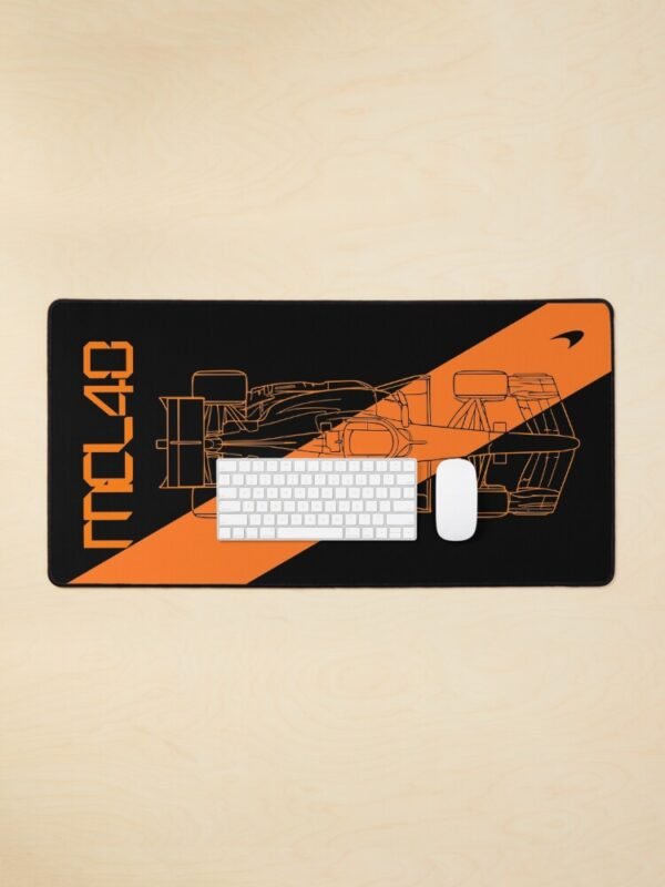 work-178881442-desk-mat (1) Stealth black MCL40 2026 F1 car blueprint desk mat with papaya orange lines