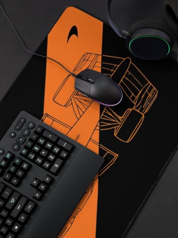 work-178881442-desk-mat (3) Stealth black MCL40 2026 F1 car blueprint desk mat with papaya orange lines