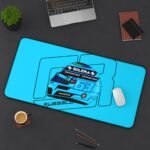 George Russell 2026 Mercedes F1 helmet design printed on a large, rectangular gaming desk mat with black stitched edges.