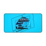 George Russell 2026 Mercedes F1 helmet design printed on a large, rectangular gaming desk mat with black stitched edges.