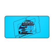 George Russell 2026 Mercedes F1 helmet design printed on a large, rectangular gaming desk mat with black stitched edges.