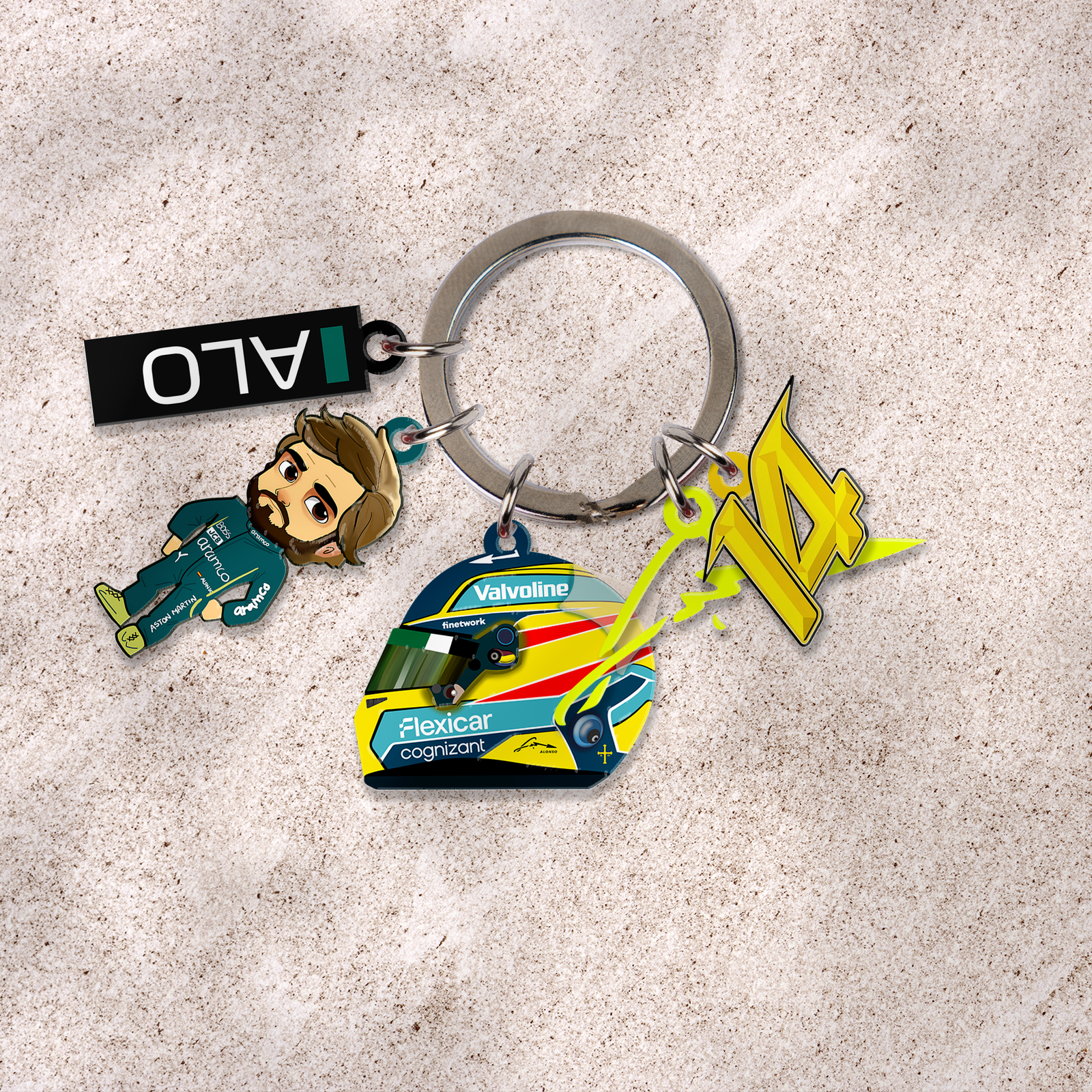 Mockup-2-side DFRTGMulti-Charm Keychain Fernando Alonso F1 2026 5 Charms Keychain