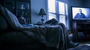 Fan relaxing under a cosy F1 blanket watching the race on TV